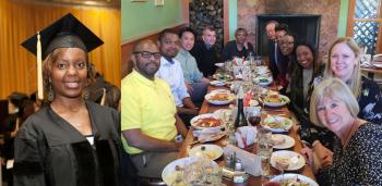 1: Mwangi at Commencement, 2: celebration meal.
